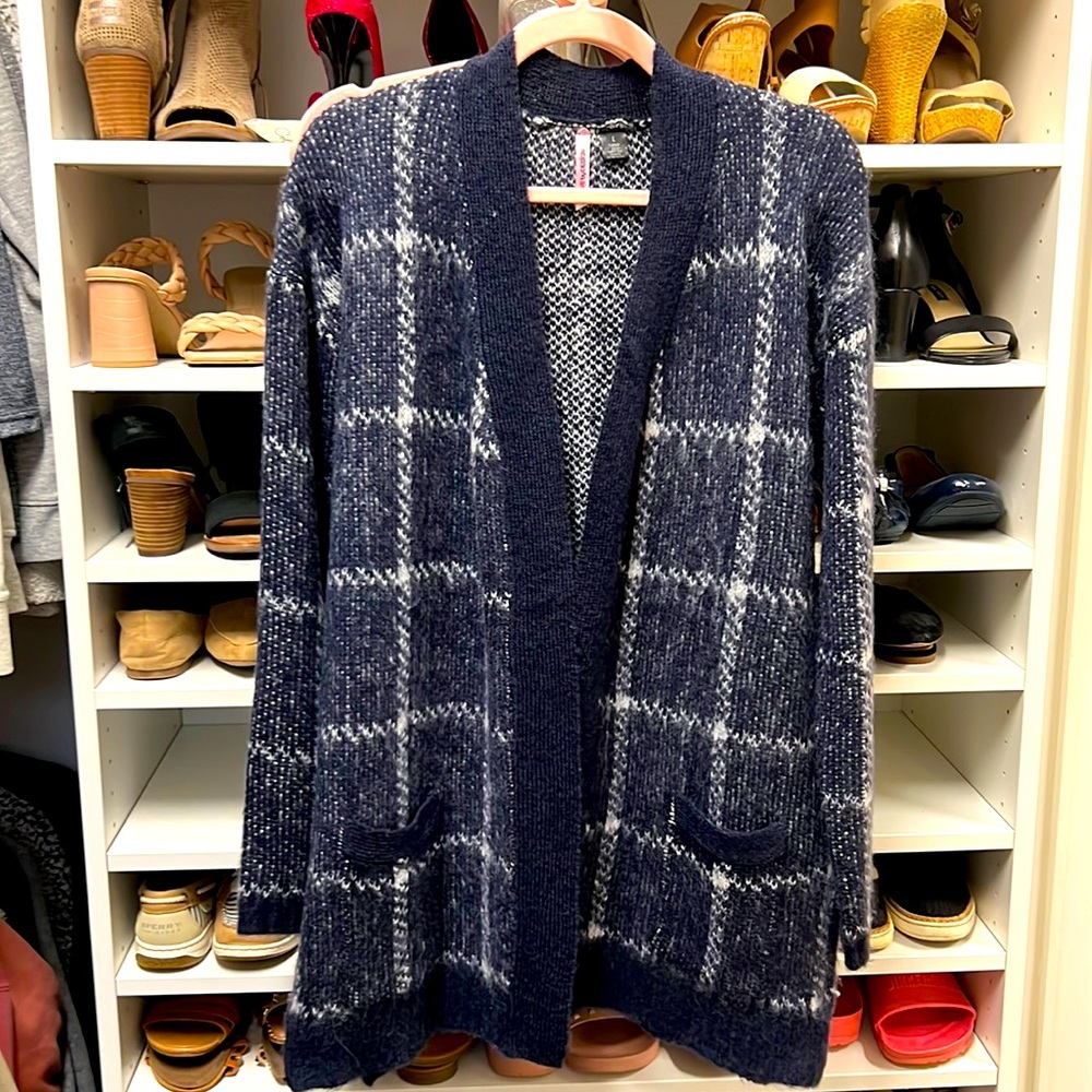 New navy and white plaid cardigan